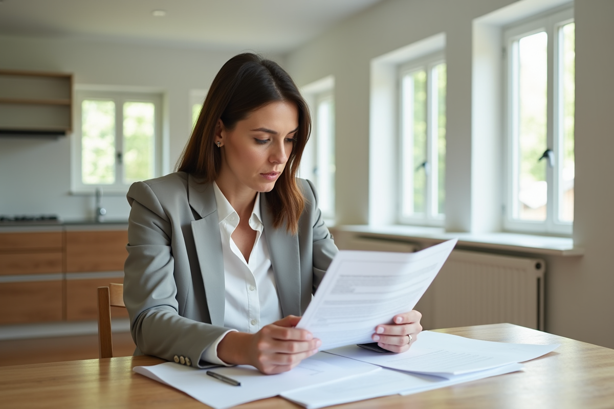 Femme en tenue professionnelle examinant des documents dans un appartement