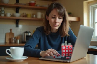 Femme jouant au jeu Motus en ligne sur un ordinateur portable dans une cuisine chaleureuse