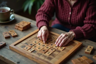Femme jouant au Scrabble en plaçant une tuile en bois sur un plateau de jeu usé, ambiance chaleureuse et domestique