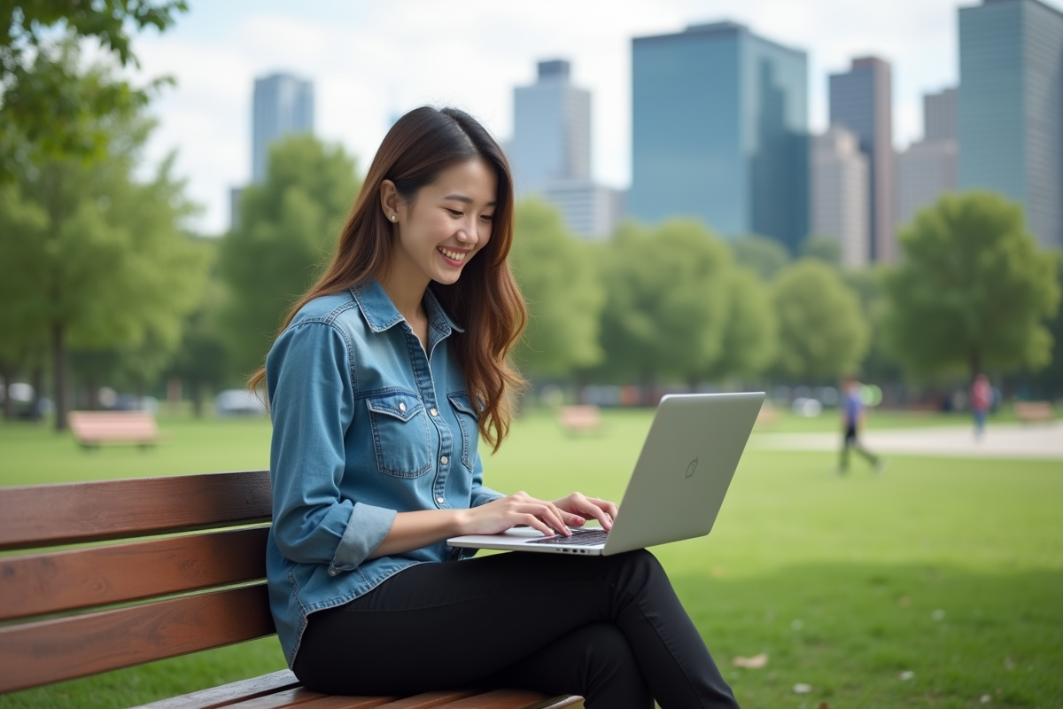 Jeune femme souriante travaillant sur son ordinateur en parc