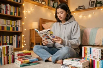 Jeune femme lisant un manga yaoi entourée de volumes de mangas japonais dans une chambre cosy et chaleureuse