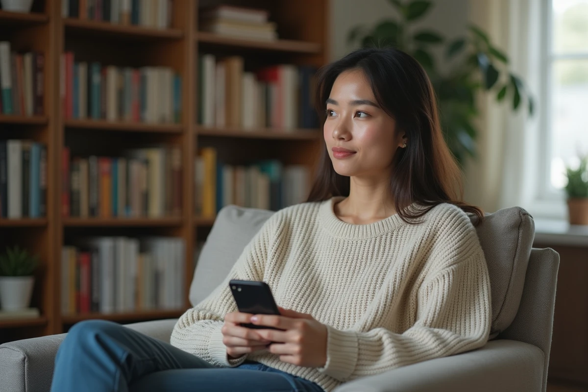 Femme dans un salon lisant avec son téléphone