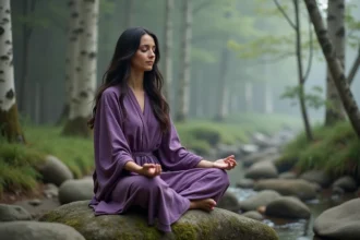 Femme en méditation portant une robe violette dans une clairière forestière brumeuse, illustrant la signification spirituelle de l'aura violette