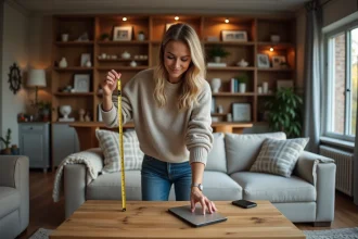 Femme mesurant une table en bois dans un salon cosy