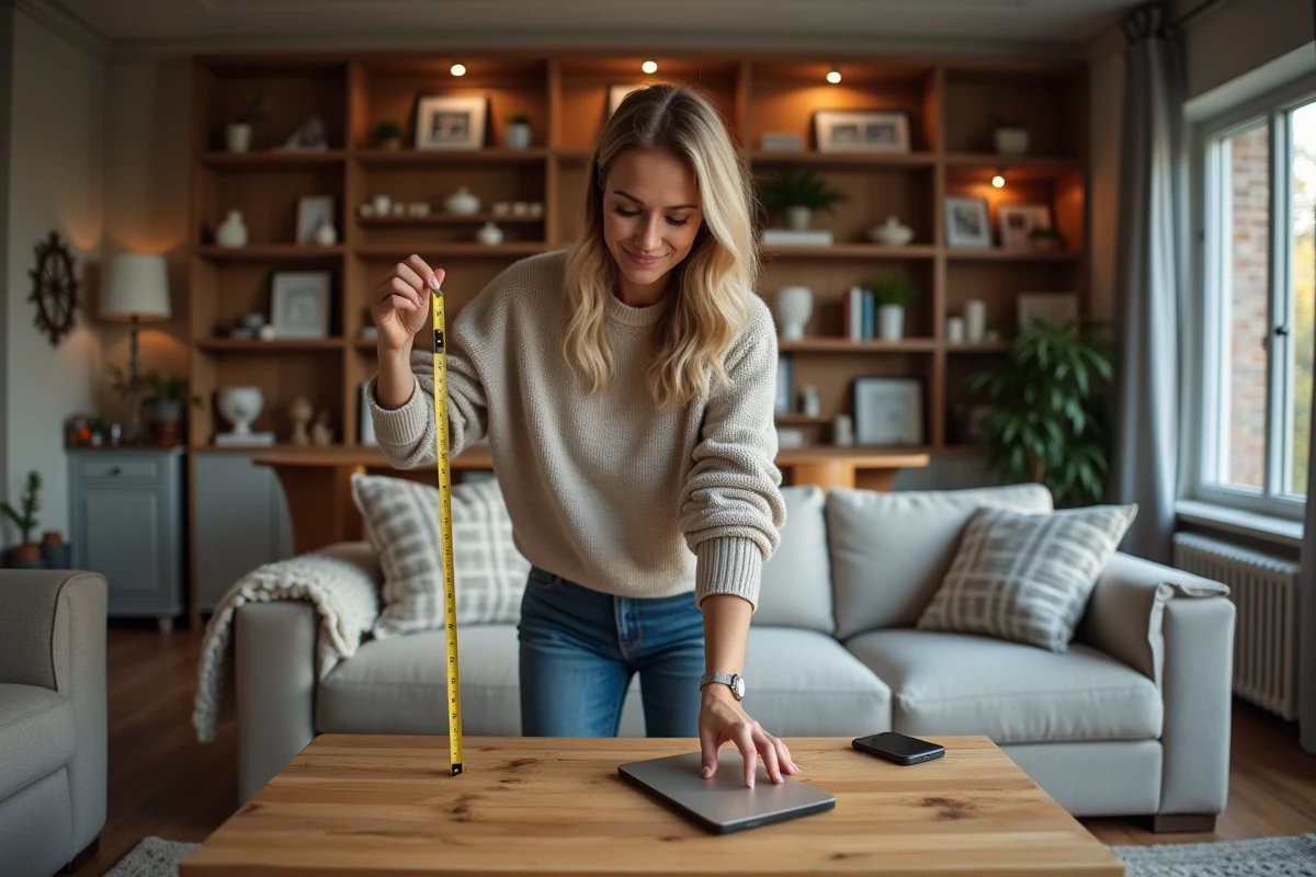 Femme mesurant une table en bois dans un salon cosy