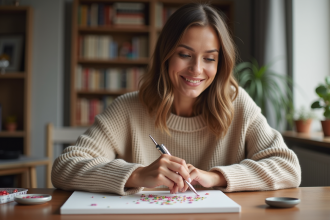 Femme souriante posant des gemmes sur une toile de diamond painting