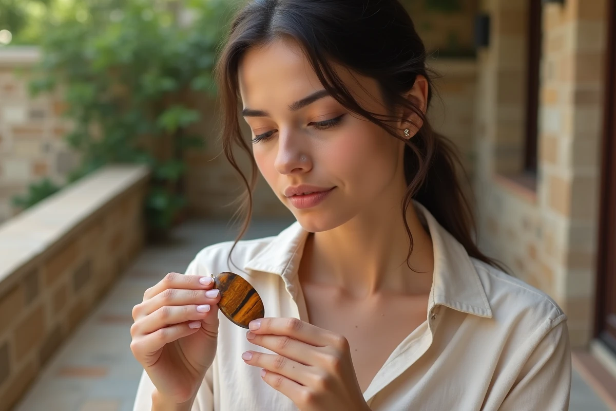 Jeune femme contemplant un pendentif en oeil de tigre avec une expression intuitive et sereine sur une terrasse en pierre
