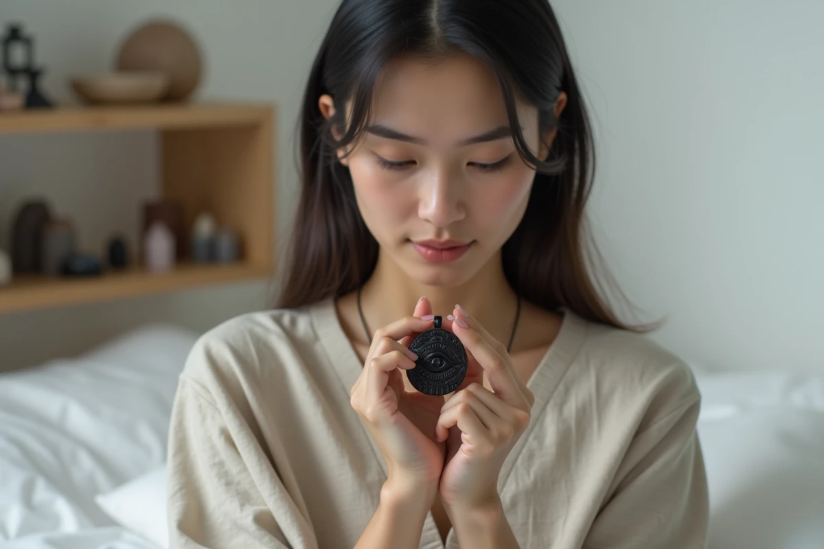 Femme tenant un pendentif œil égyptien en obsidienne noire pour la lithothérapie dans un intérieur minimaliste avec des pierres naturelles en arrière-plan