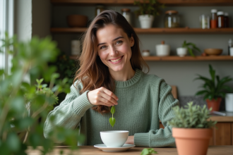 Femme souriante préparant une infusion aux plantes