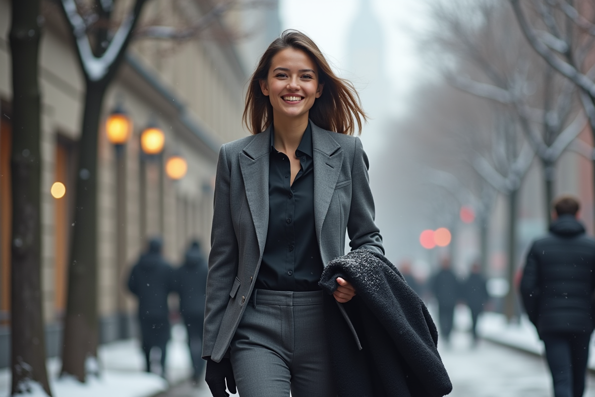 Femme professionnelle marche dans une rue enneigee