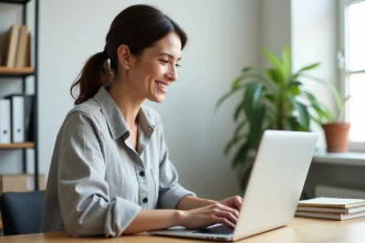 Femme consultant un site d'informations organisé sur son ordinateur portable dans un bureau à domicile moderne