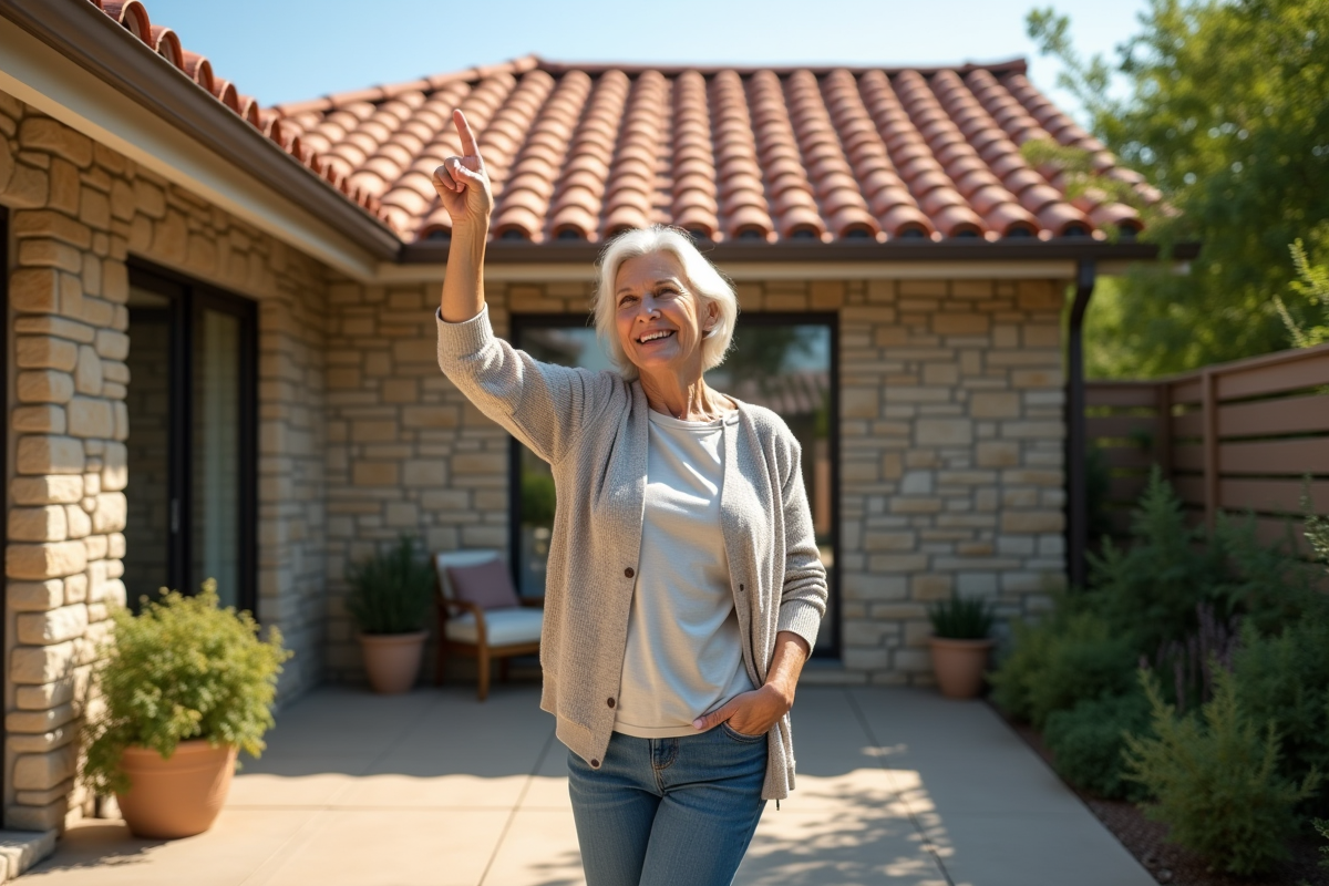Femme souriante montre son toit rénové avec des tuiles
