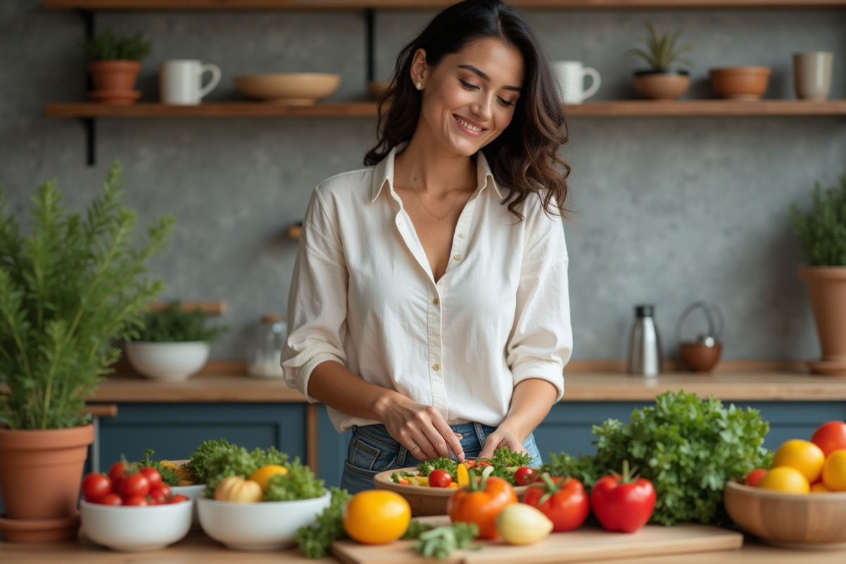 Femme souriante préparant une salade colorée dans la cuisine