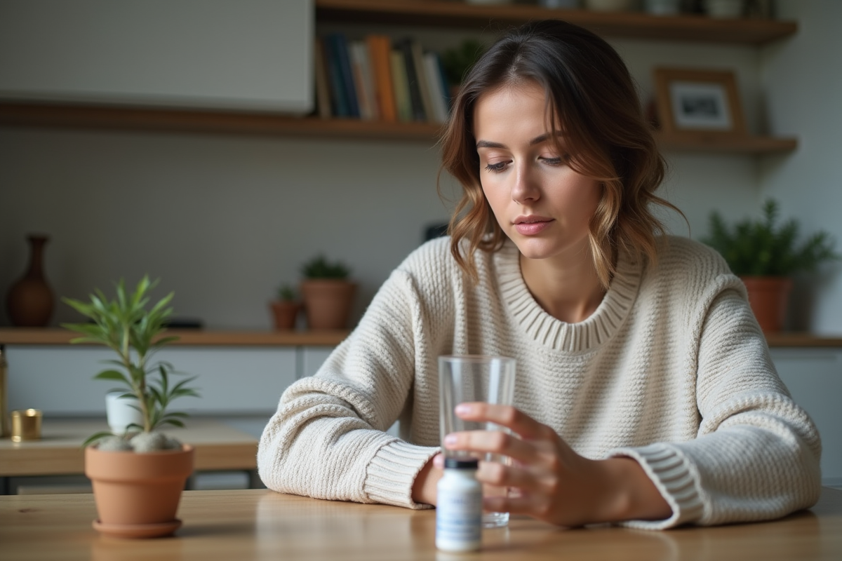 Femme pensant à ses compléments dans sa cuisine