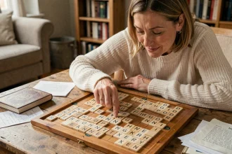 Femme concentrée jouant au Scrabble et découvrant une anagramme gagnante sur un plateau en bois entouré de notes manuscrites