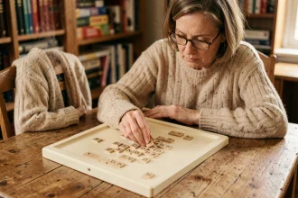 Femme jouant au Scrabble avec des tuiles en bois sur un plateau classique, consultant un dictionnaire ODS pour valider ses mots