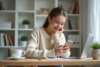 Jeune femme souriante utilisant son smartphone à son bureau