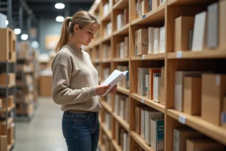 Femme comparant prix de meubles dans un magasin moderne