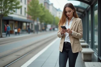 Jeune femme avec smartphone près d'un arrêt de tram