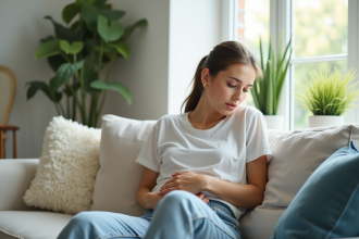 Jeune femme assise sur un canapé lumineux en pensant à sa santé
