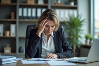 Femme d'âge moyen stressée au bureau en pleine journée