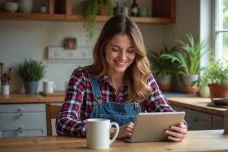 Femme souriante utilisant une tablette pour Hay Day