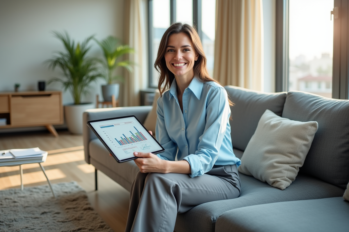 Femme souriante utilisant une tablette avec graphiques financiers