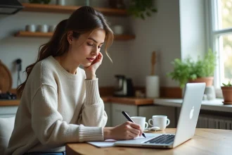 Jeune femme concentrée travaillant sur son ordinateur dans la cuisine