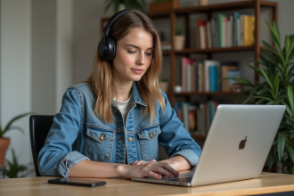 Jeune femme au bureau à domicile avec casque et ordinateur