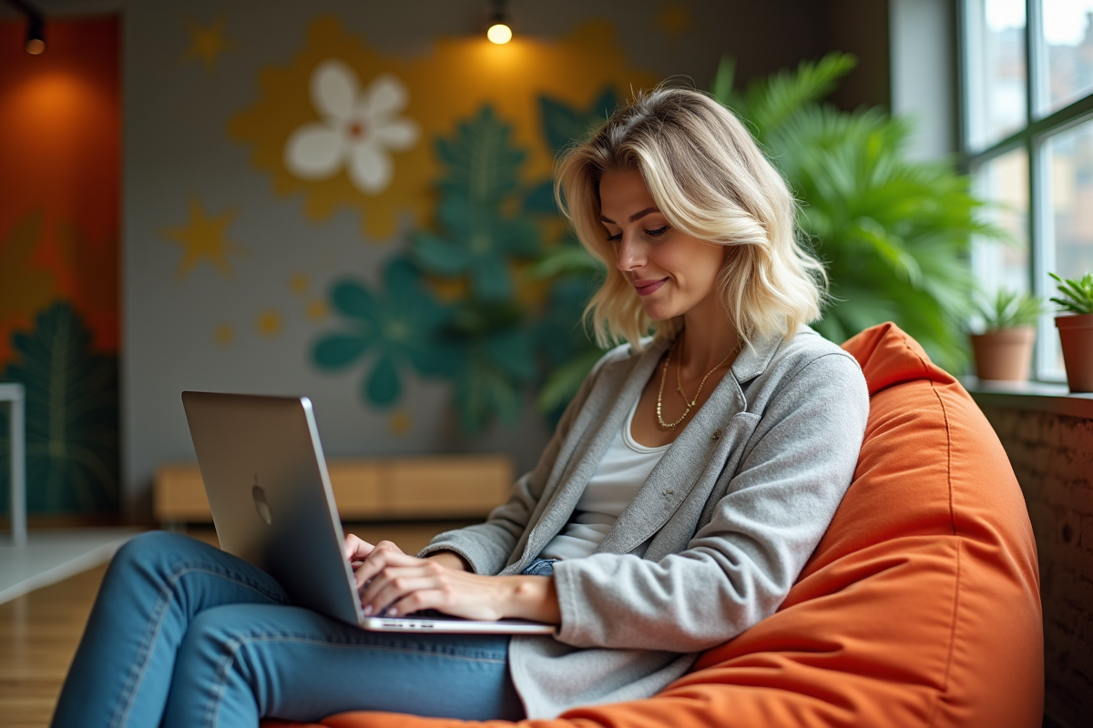 Femme assise sur un beanbag travaillant sur son ordinateur dans un espace vert