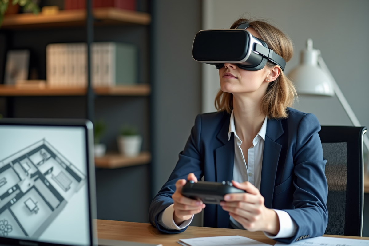 Jeune femme en VR dans un bureau moderne et organisé