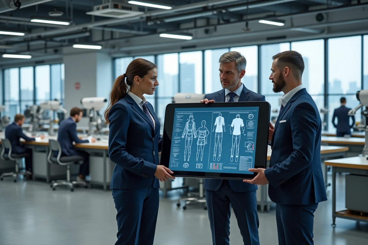 Travailleurs en usine de vêtements discutant plans numériques