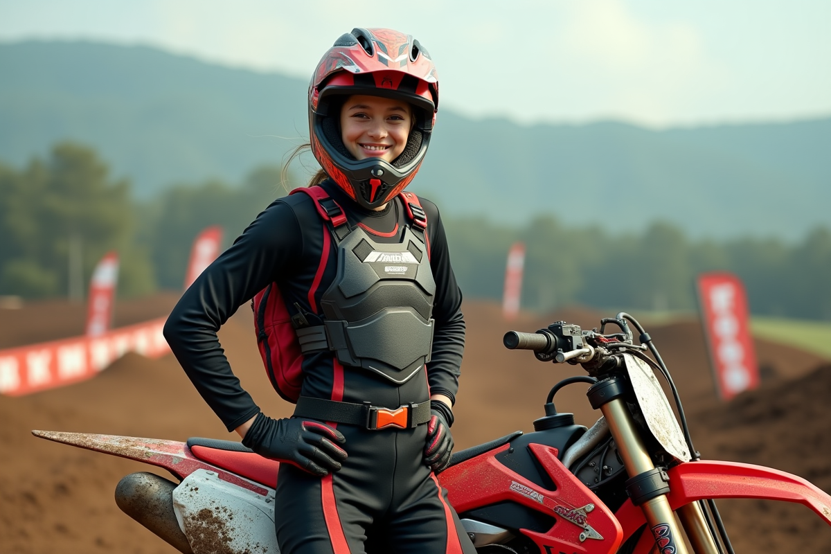 Fille motocross en tenue noire et rouge près du vélo
