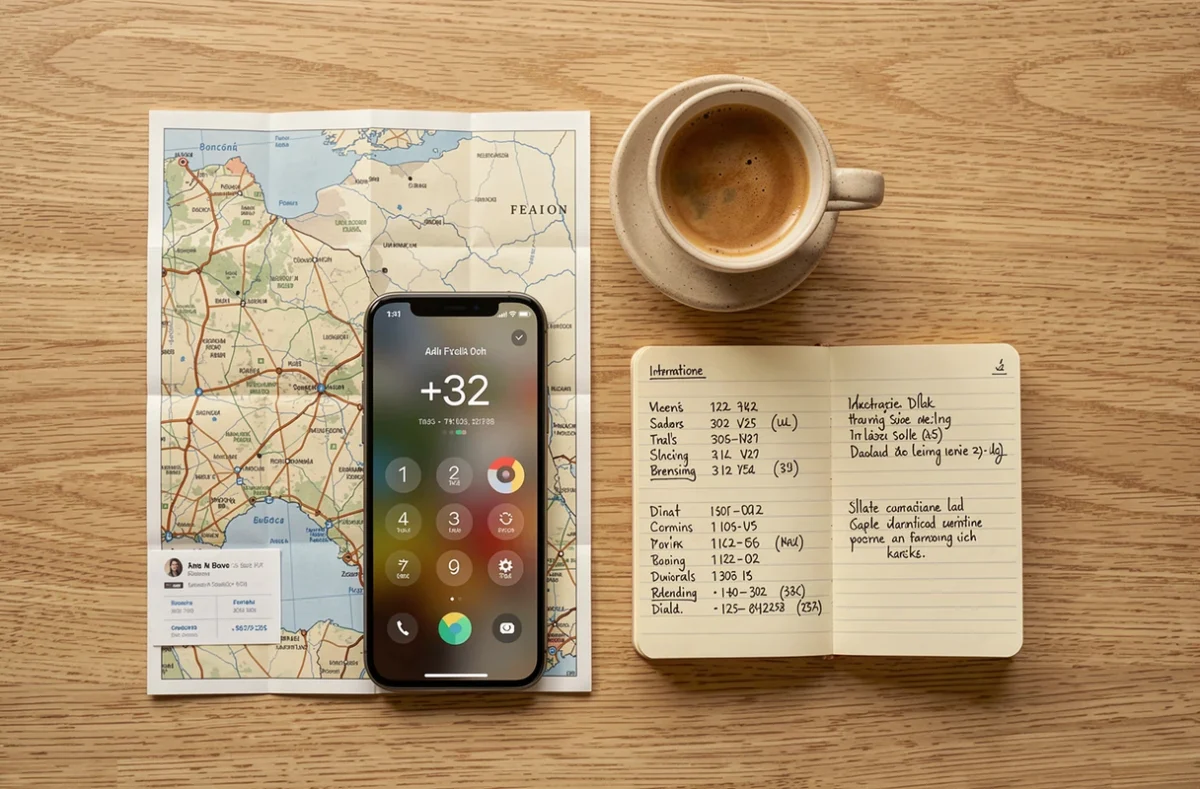 Vue de dessus d'un smartphone affichant un numéro belge en +32, posé sur une carte et un carnet avec codes d'appel internationaux