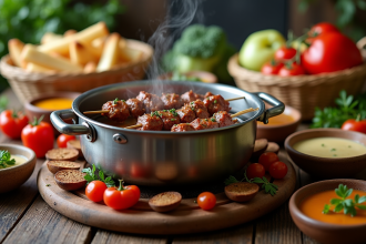 Fondue bourguignonne sur table en bois rustique avec viande et sauces