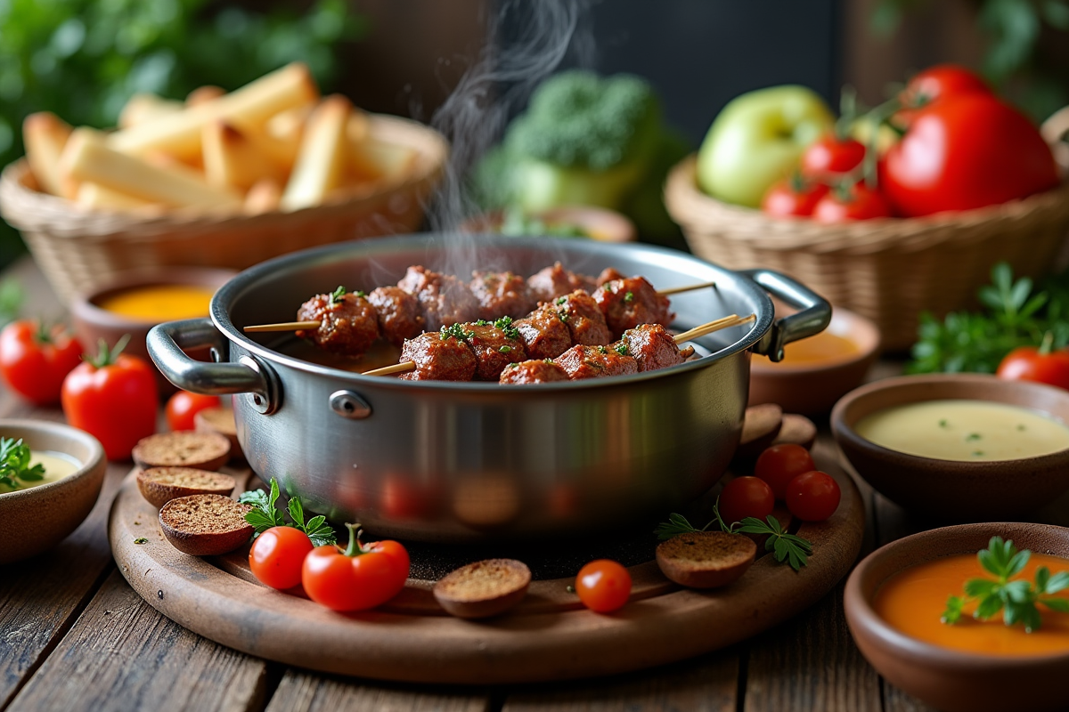 Fondue bourguignonne sur table en bois rustique avec viande et sauces