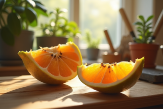 Starfruit tranchée sur une table en bois avec outils de jardinage