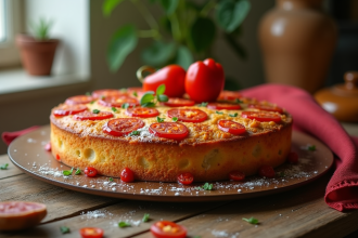 Gâteau espagnol aux piments rouges et chorizo sur table en bois