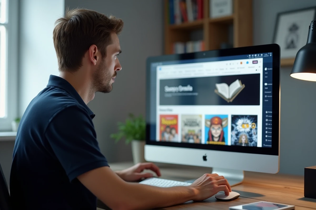 Homme abonné à GlenatMangaMax lisant One Piece en prépublication sur son ordinateur de bureau à son domicile