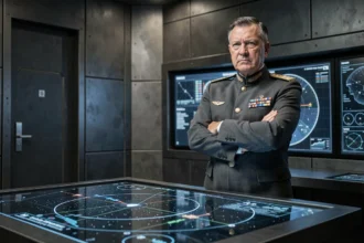 Commandant militaire en uniforme impérial étudiant des cartes stratégiques sur une table holographique dans une salle de commandement futuriste
