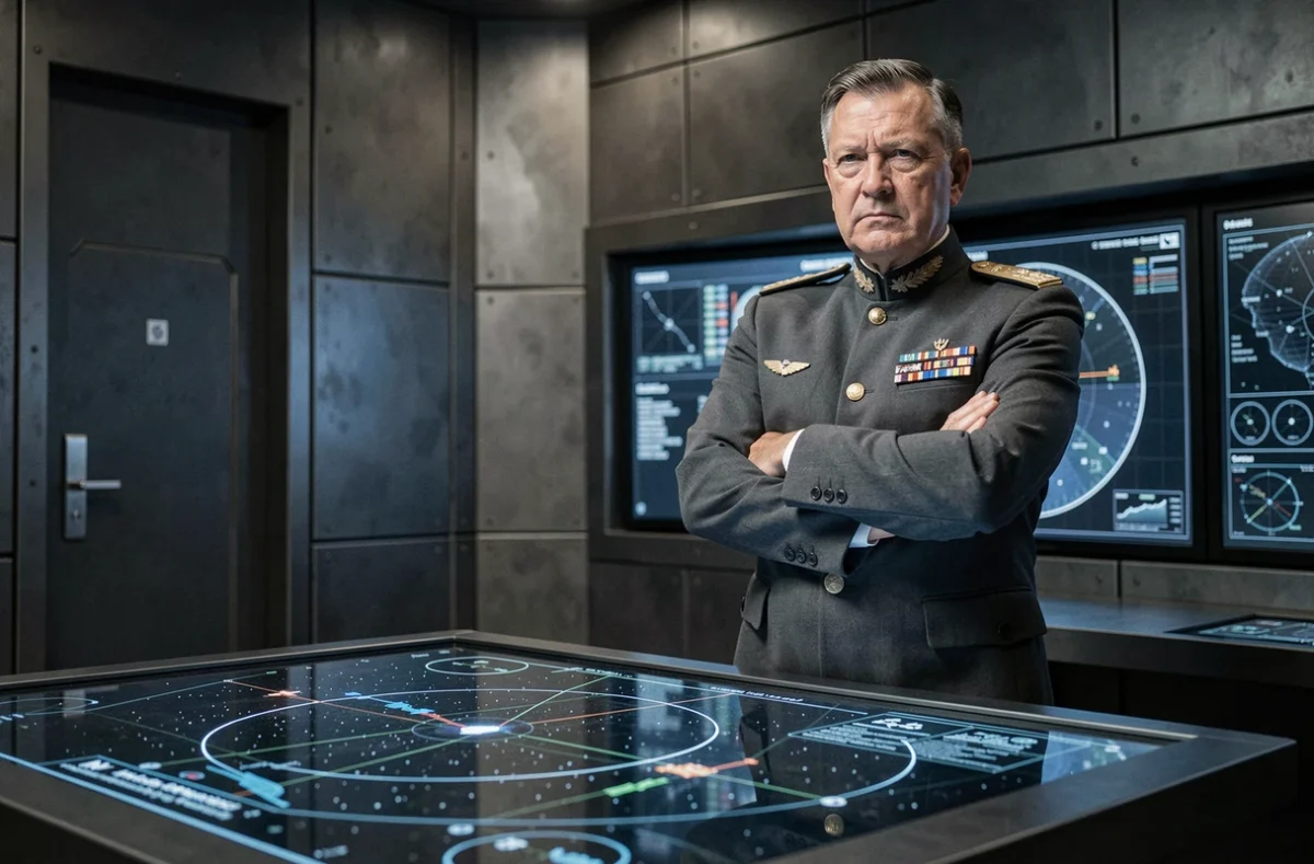 Commandant militaire en uniforme impérial étudiant des cartes stratégiques sur une table holographique dans une salle de commandement futuriste