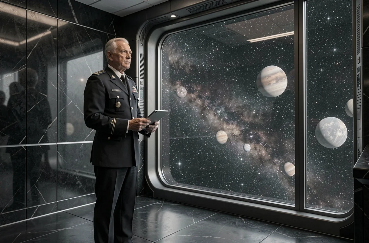 Officier militaire impérial contemplant l'espace depuis un hublot panoramique d'une station spatiale imposante