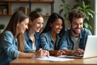 Jeunes adultes souriants autour d'un laptop dans une cuisine chaleureuse