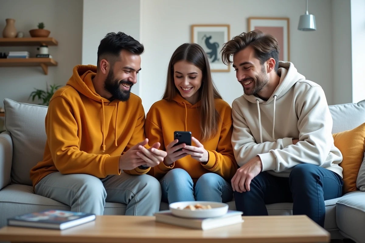 Trois amis dans un salon partagent un moment spontané autour d'un téléphone, illustrant la complicité et les nuances des messages entre amis proches