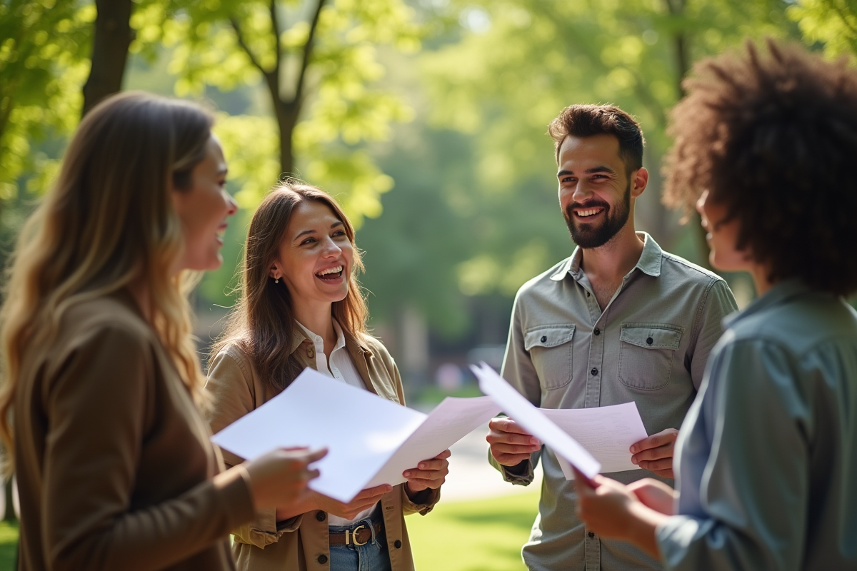 Groupe de personnes discutant dans un parc ensoleille
