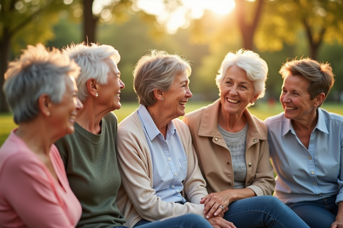 Groupe de femmes seniors souriantes dans un parc ensoleille