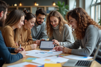 Groupe de jeunes adultes collaborant autour d'une table en bureau moderne