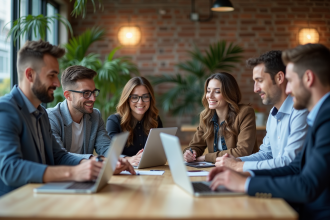 Groupe de professionnels en coworking en réunion collaborative