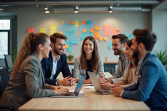 Groupe de jeunes professionnels en réunion dans un open space dynamique