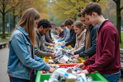 Groupe diversifié triant des déchets recyclables en plein air